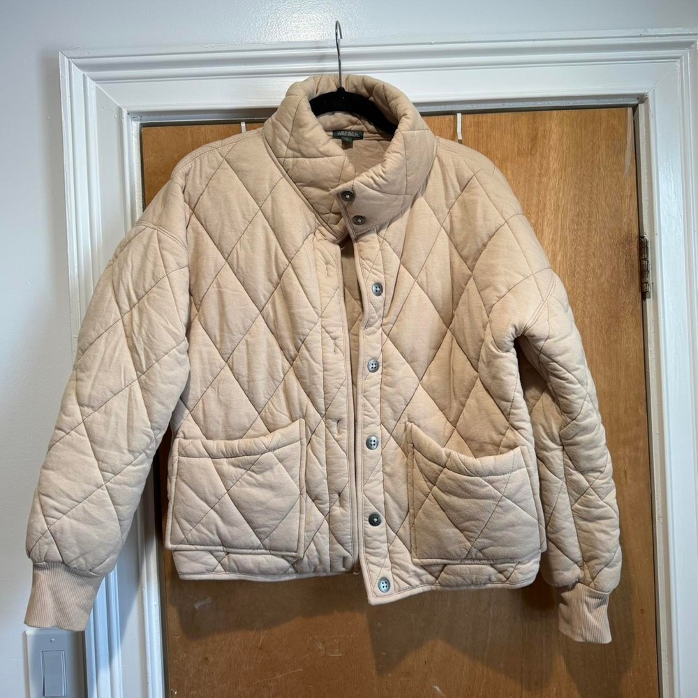 Wild Fable Tan Beige Diamond Quilted Bomber Jacket Mock Neck Button Front Medium